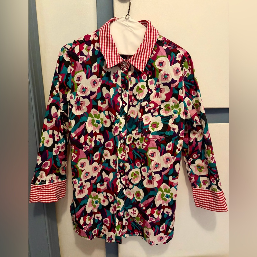 Beau Chemise Floral Button-Up Shirt with Gingham Trim